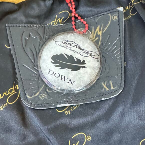 Ed Hardy NWT Size XL Y2K Gold Down Puffer Coat Embroidered Roses Skulls Hooded - Picture 13 of 16